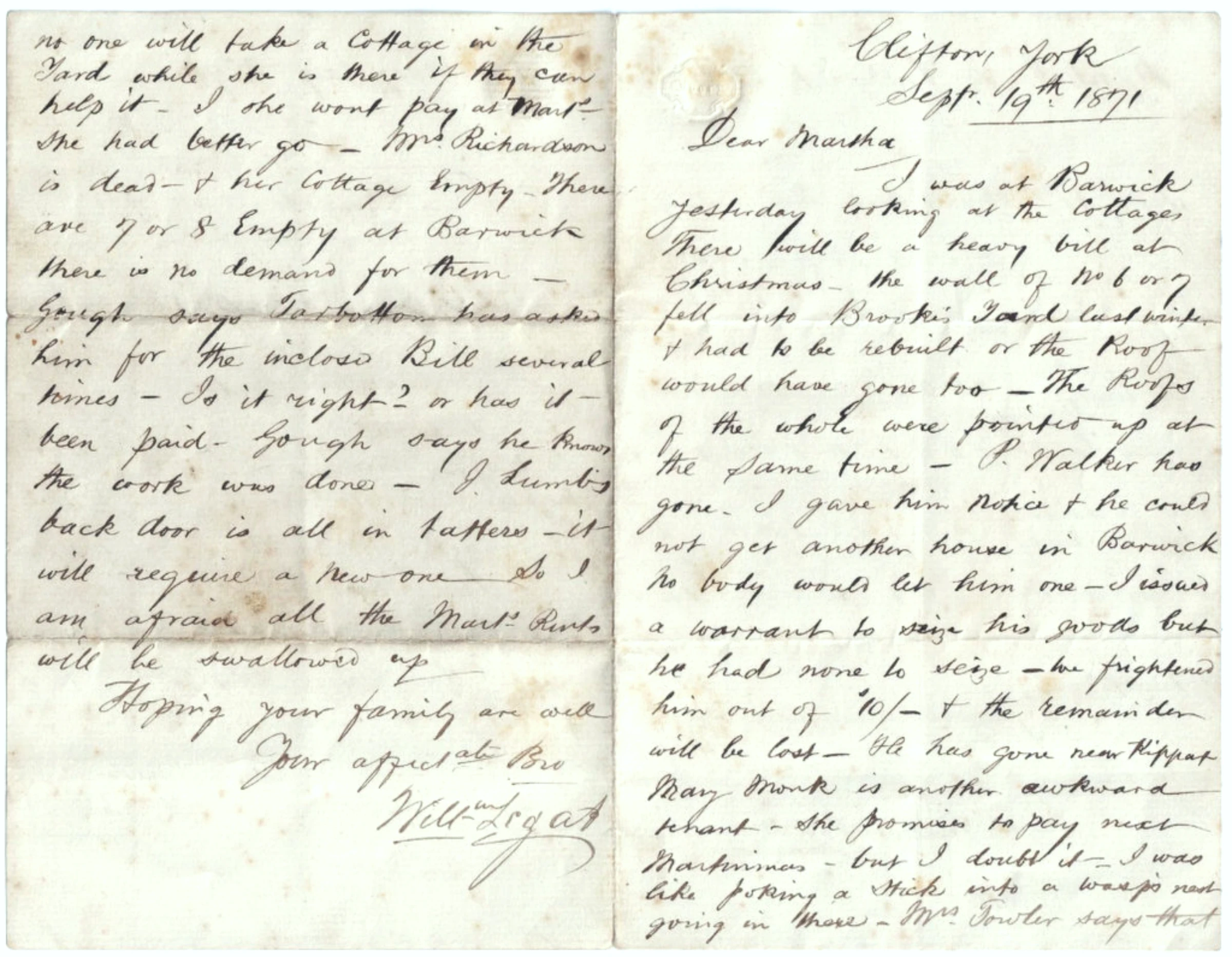 1871 Letter, Rental of BARWICK Cottages