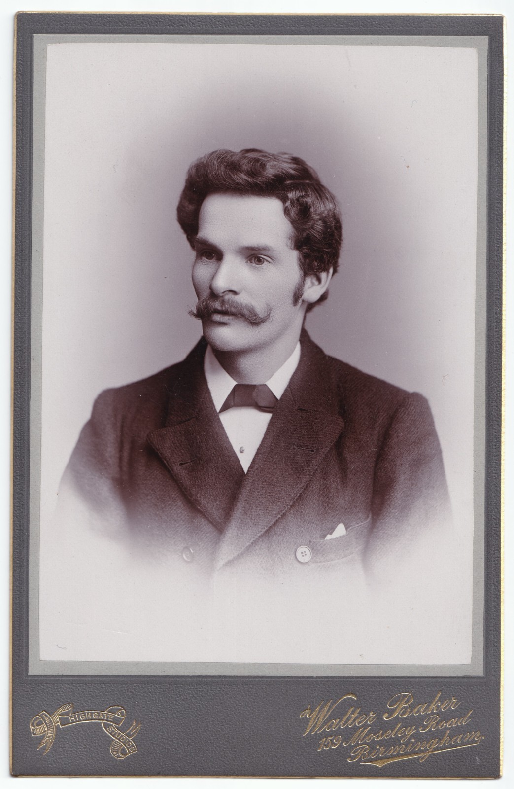 Cabinet Card: Cabinet Card: Man, Styled Hair, Upturned Moustache, Walter Baker, Birmingham.: Walter Baker: catalogue image 1