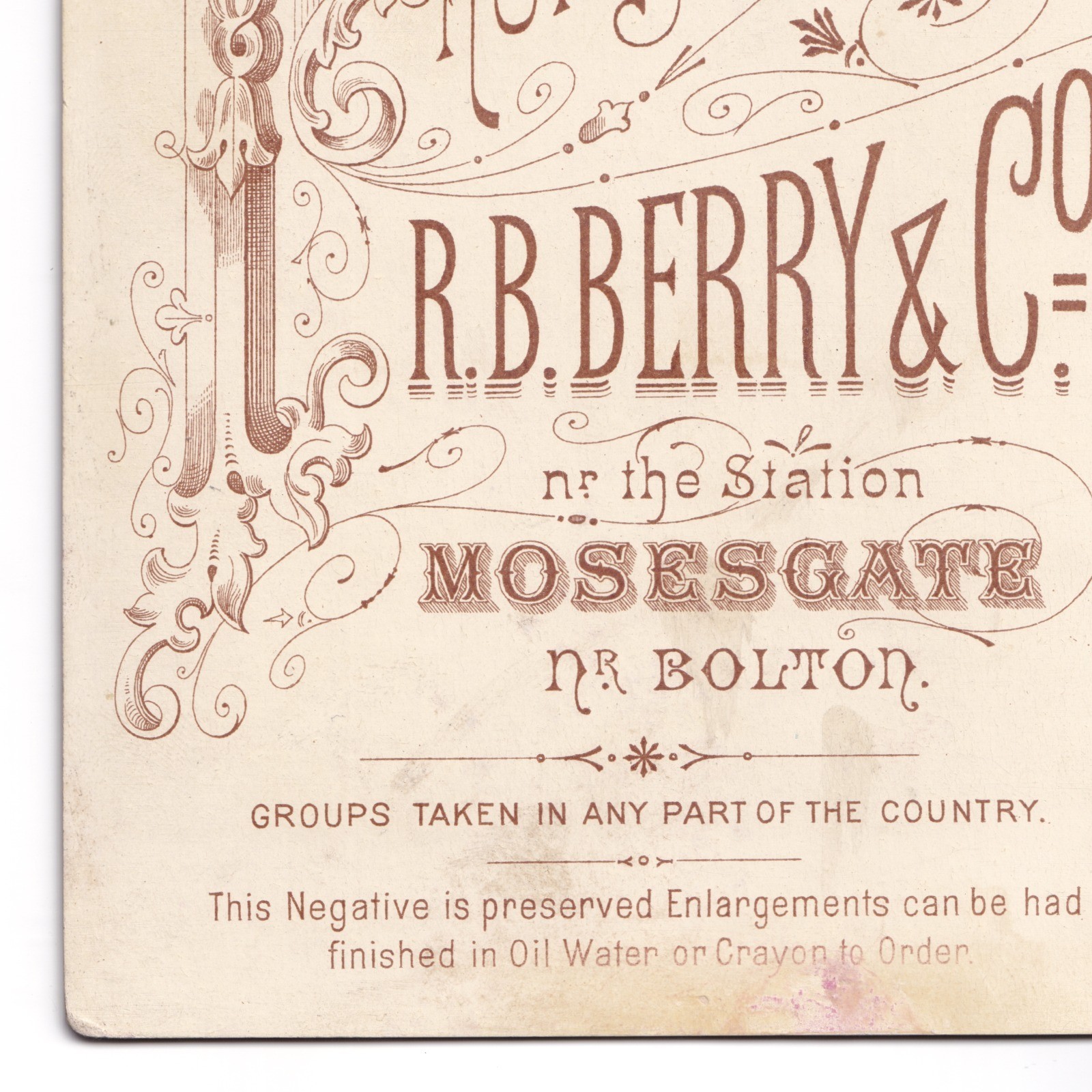 Cabinet Card: Cabinet Card, R.B. Berry & Co, Mosesgate, Nr. Bolton. Older Man and Woman.: catalogue image 13