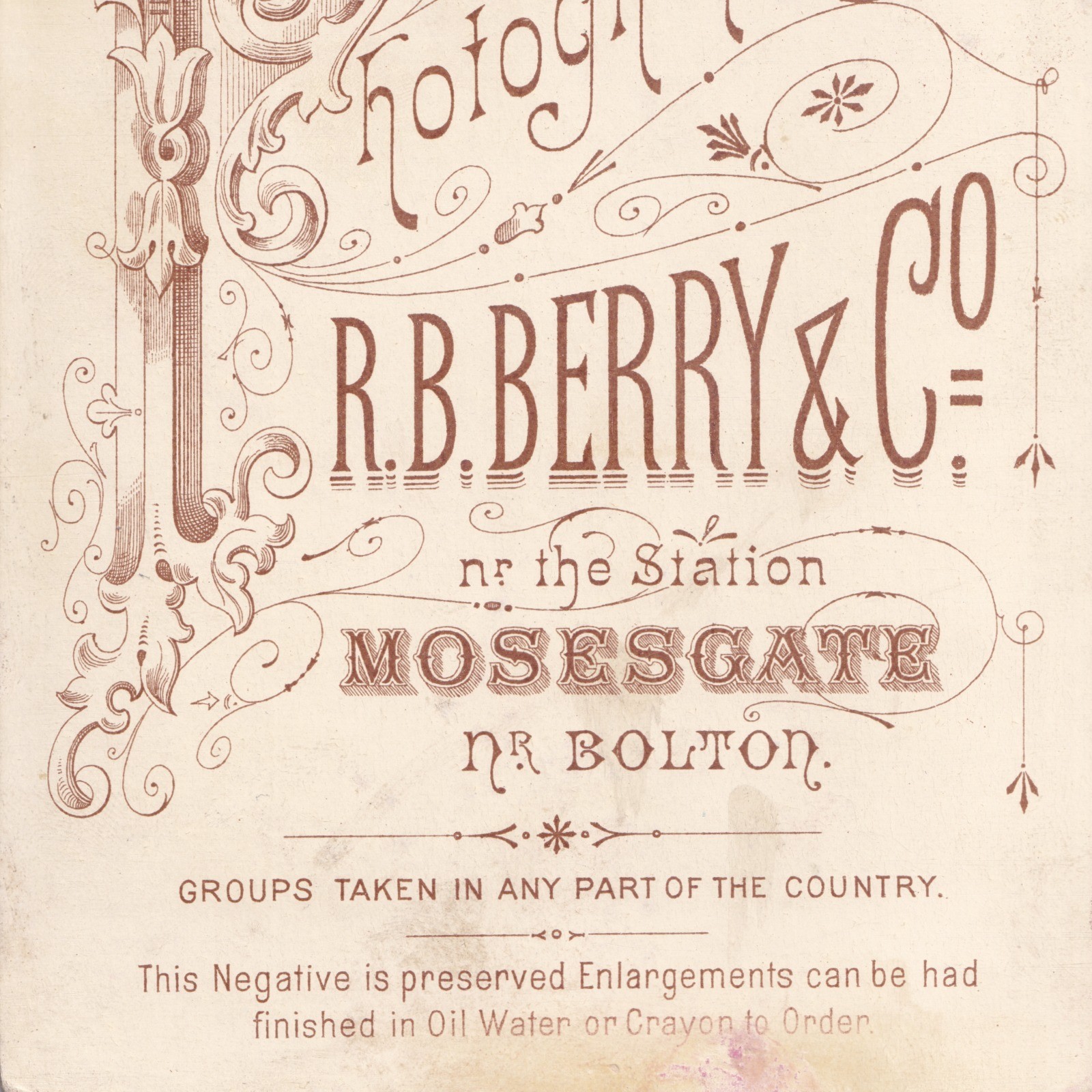Cabinet Card: Cabinet Card, R.B. Berry & Co, Mosesgate, Nr. Bolton. Older Man and Woman.: catalogue image 17