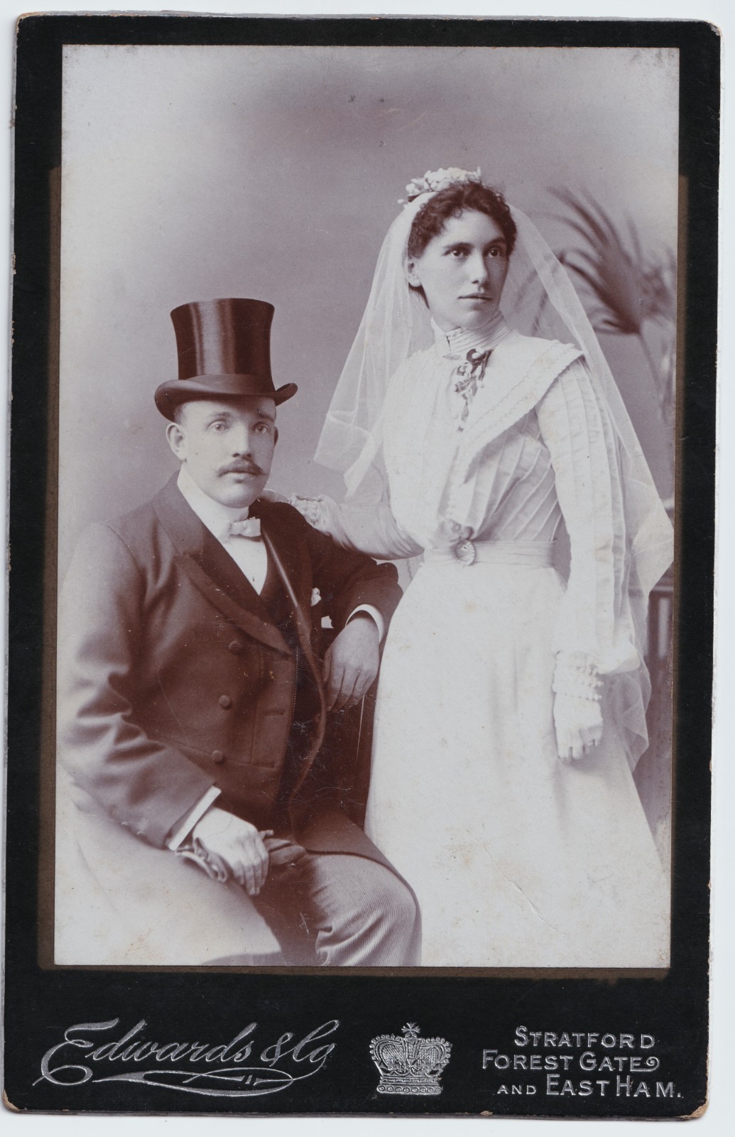 Cabinet Card: Cabinet Card: Wedding Photograph. Edwards & Co Stratford, Forest Gate, East Ham.: Edwards & Co: catalogue image 1