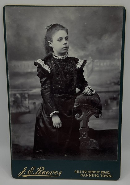 Cabinet Card: Cabinet Card: Young Girl in Dark Dress, White Trim. REEVES, Canning Town.: catalogue image 1