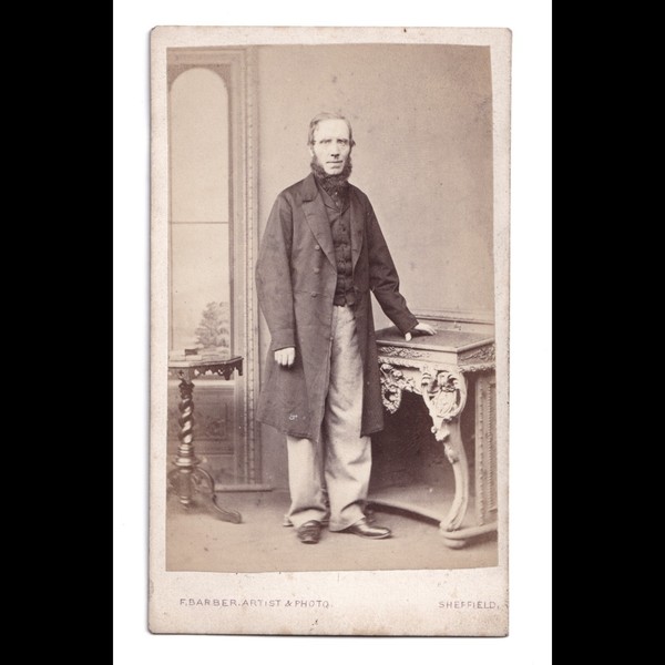 CDV: CDV: F. Barber, Sheffield Card. Bearded Man Stood Beside Ornate Desk.: catalogue image 1