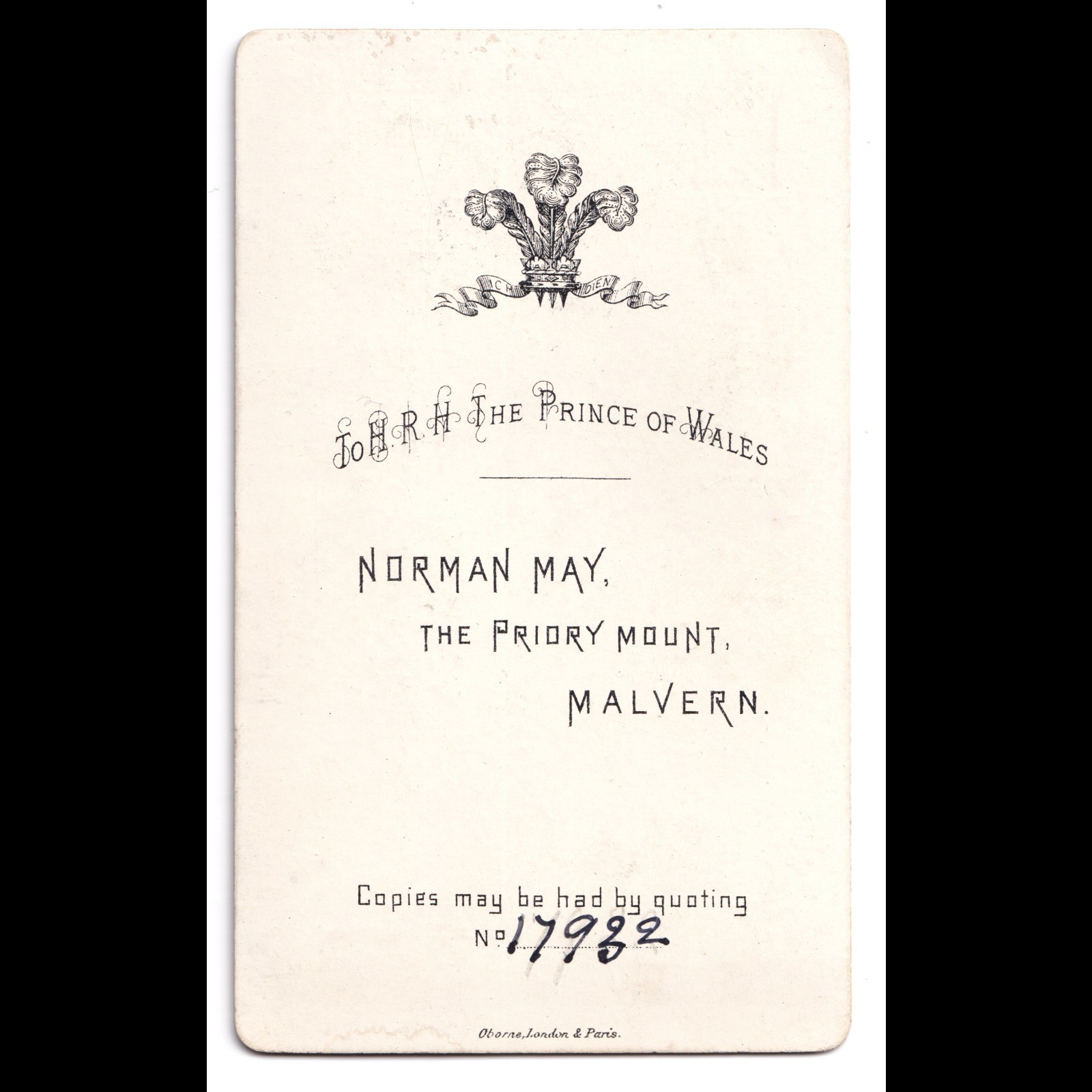CDV: CDV: Norman May, Malvern Card. Woman wearing hat or cap.: catalogue image 10