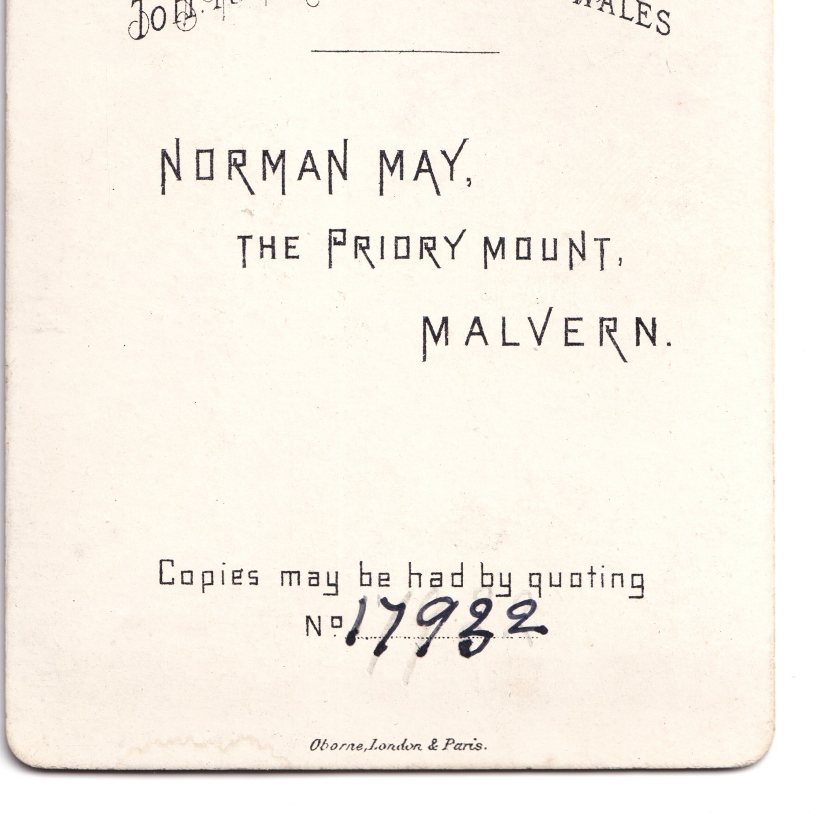 CDV: CDV: Norman May, Malvern Card. Woman wearing hat or cap.: catalogue image 13