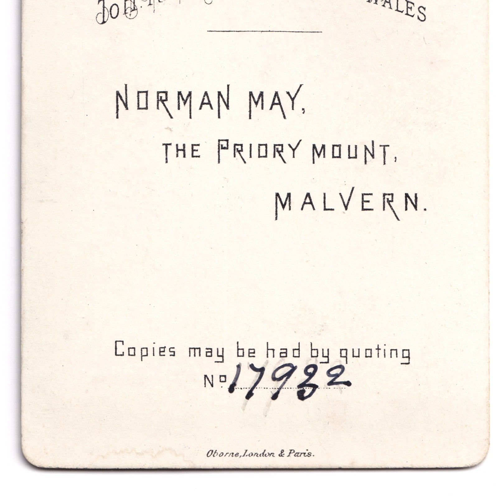 CDV: CDV: Norman May, Malvern Card. Woman wearing hat or cap.: catalogue image 14