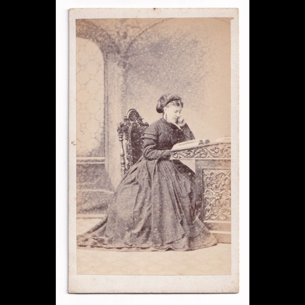 CDV: CDV: Thomas Ayers Card, Yarmouth. Seated Woman, Full Dress, Reading. Ornate Desk: catalogue image 1
