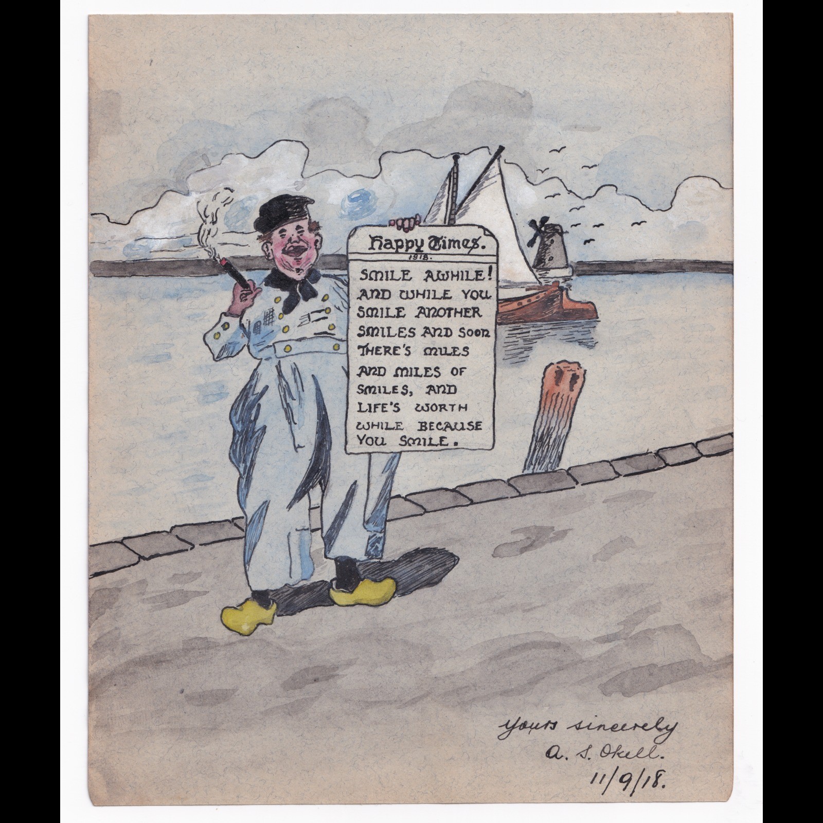 Ephemera: Old Illustration, Happy Times 1918, Smile Awhile, Cartoon of a Dutch-Style Man: catalogue image 1