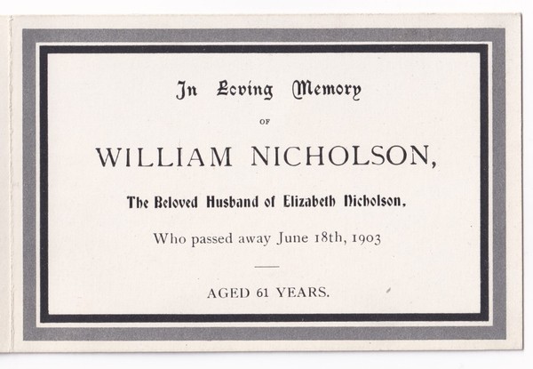 Ephemera: Memorial Card, 1903, William Nicholson, Husband of Elizabeth Nicholson.: catalogue image 1