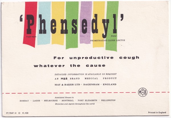 Ephemera: Vintage Pharmaceutical Blotter Card: Phensedyl, May & Baker Ltd.: catalogue image 1