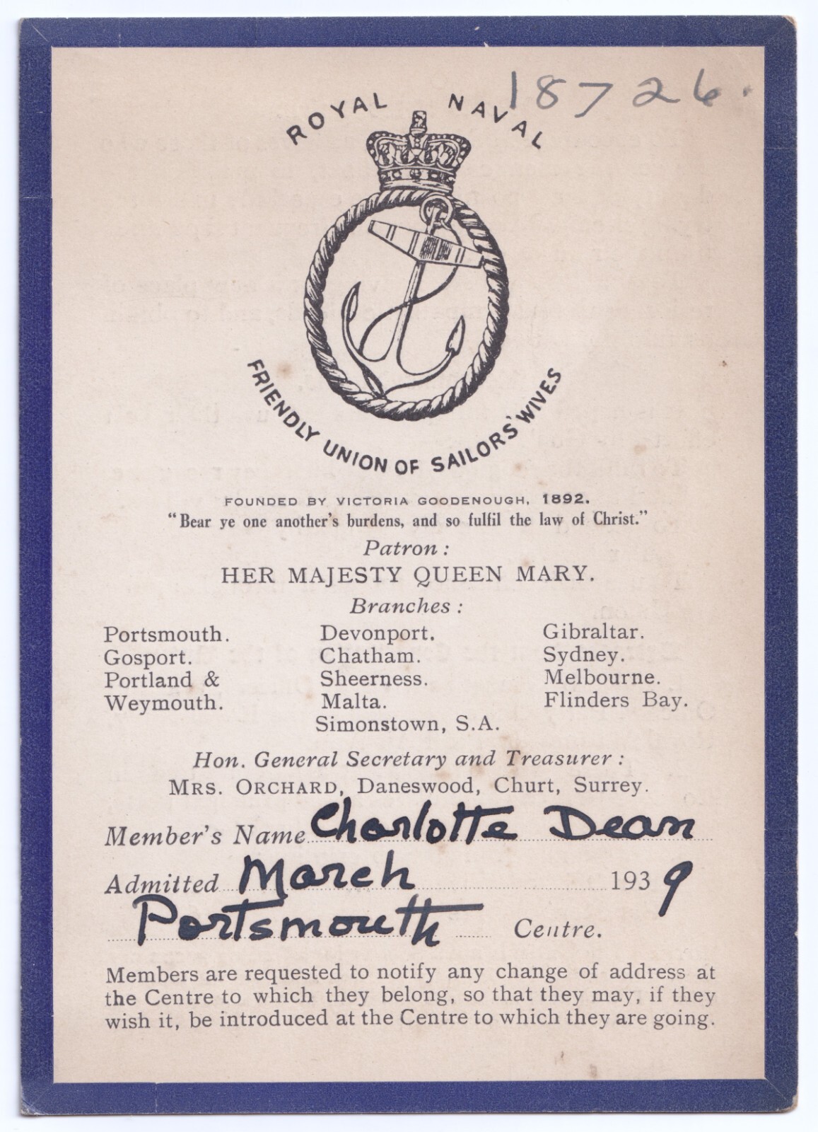 Ephemera: Royal Naval Friendly Union of Sailors Wives Card, 1939, Portsmouth.: catalogue image 1