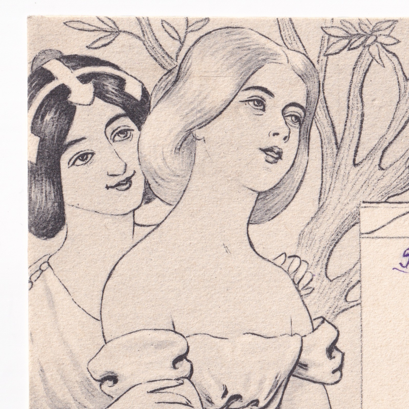 Postcard: Postcard: Art Nouveau, Two Women Watching A Bird in the Tree.: catalogue image 2