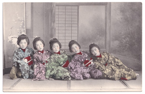 Postcard: Postcard, Five Japanese Females in Graduated Reclining Pose, Hand Tinted.: catalogue image 1
