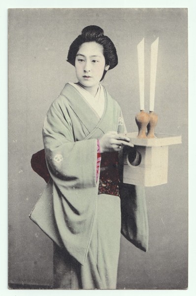 Postcard: Postcard, Japanese Female Holding Candle or Lantern Stand. Hand Tinted.: catalogue image 1