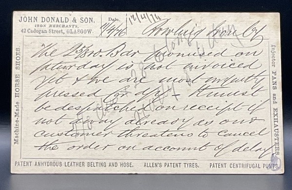 Postcard: Postcard, John Donald & Son, Iron Merchants, Cadogan Street, Glasgow, 1876: catalogue image 1
