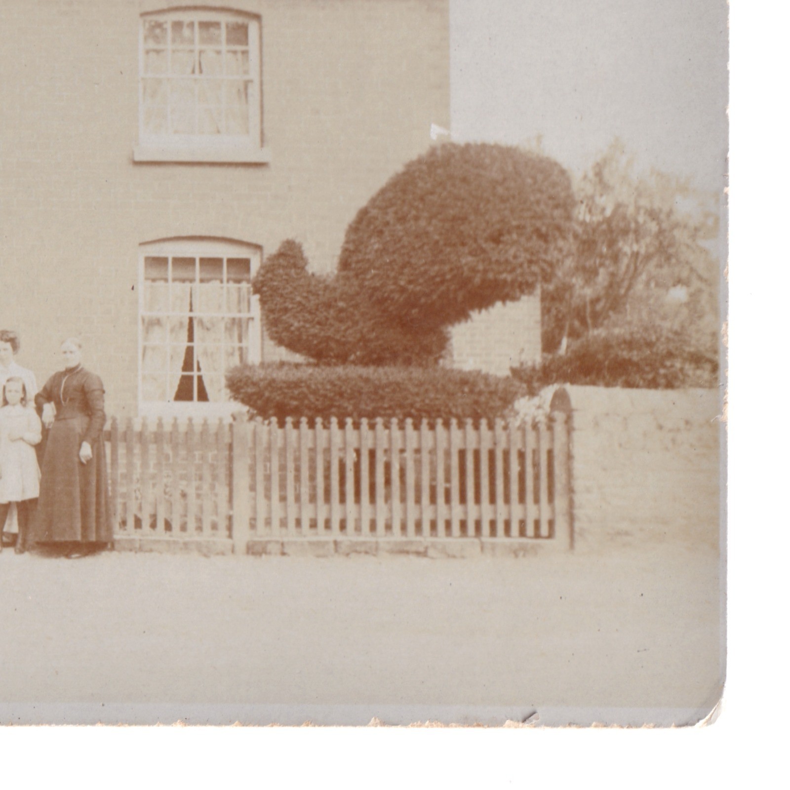 Postcard: Postcard Unidentified House, Family. Distinctive Topiary Bushes, Cross in Window: catalogue image 10